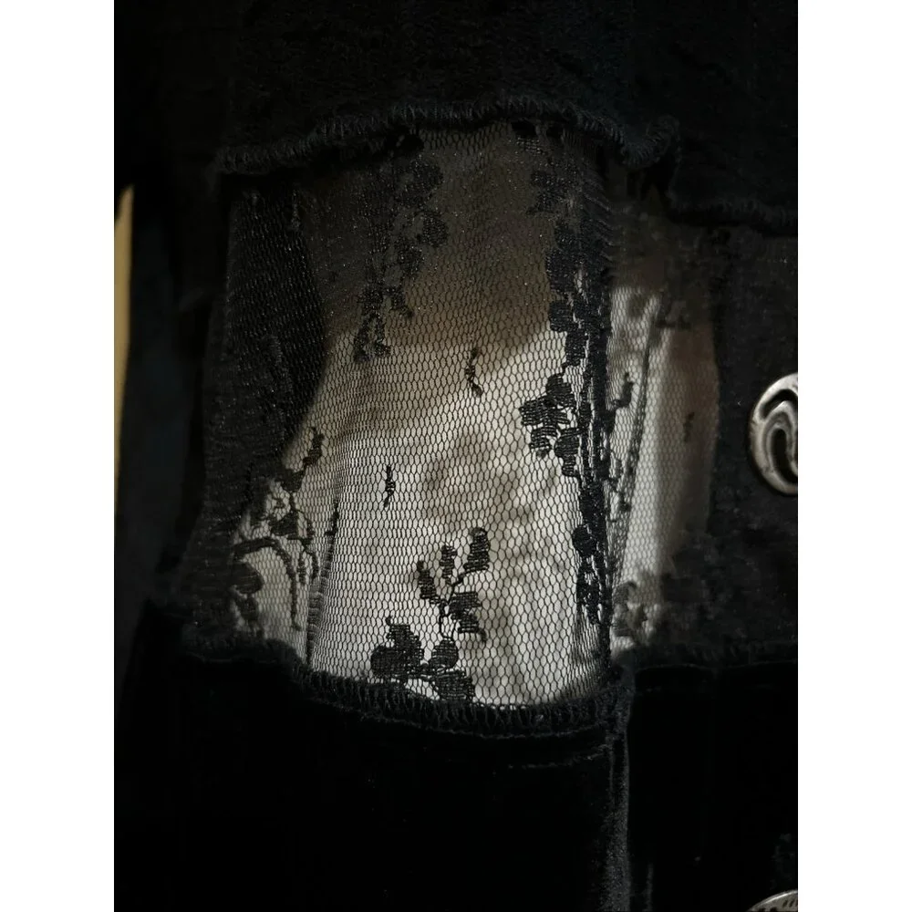 Witchy Jacket Womens L Black Velvet Patchwork Lace Crop Peek WhimsiGoth Fairy - Picture 7 of 13